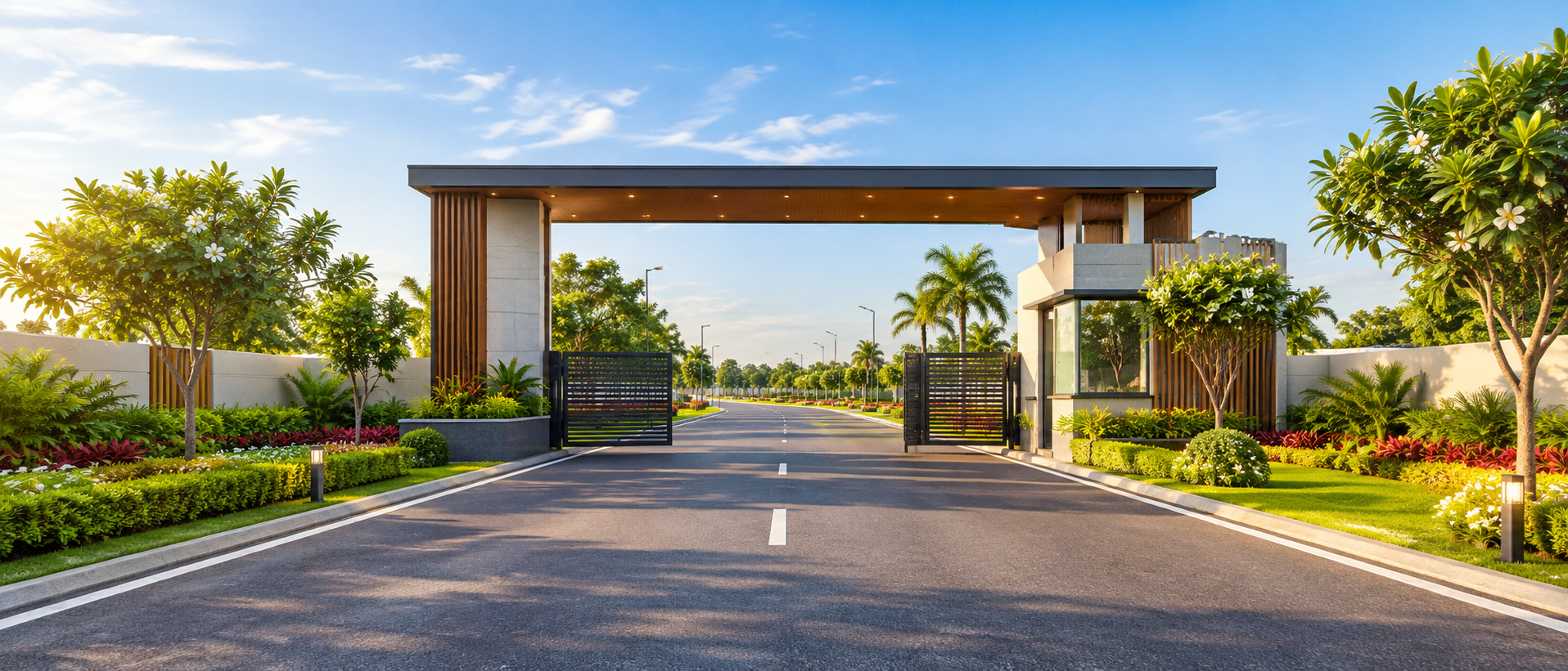 Gated entrance with landscaped garden and palm-lined road