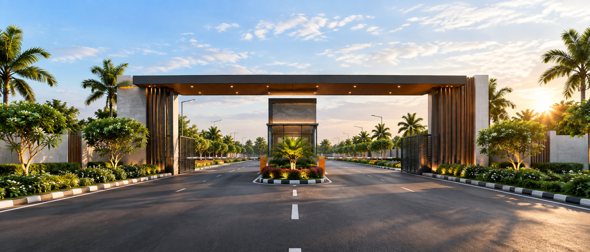 Entrance arch at sunset with tree-lined road