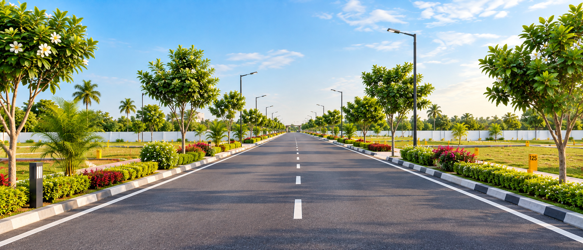Wide internal road with marked plots